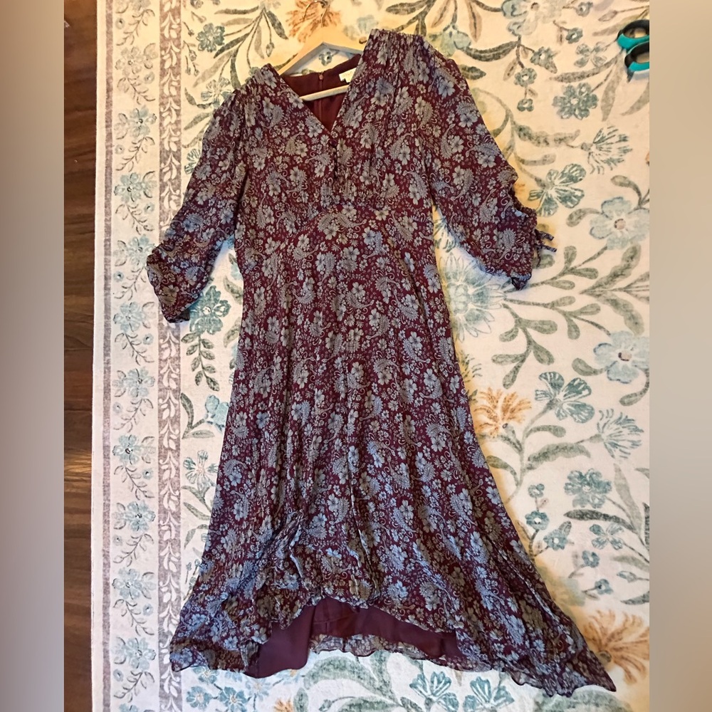 Shoshanna Burgundy and Blue Floral & Paisley Sharkbite Dress - Picture 5 of 12